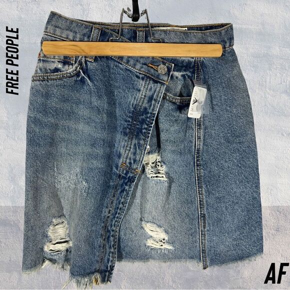 NEW Free People Denim Jean Skirt Wrap CrissCross Button Fly Distressed Size 25 - Picture 1 of 5